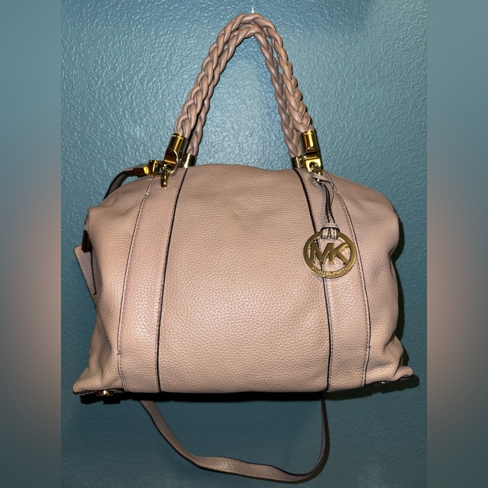 Michael Kors Pebbled Leather Braided Handle Satchel – Taupe (Rare Style!)